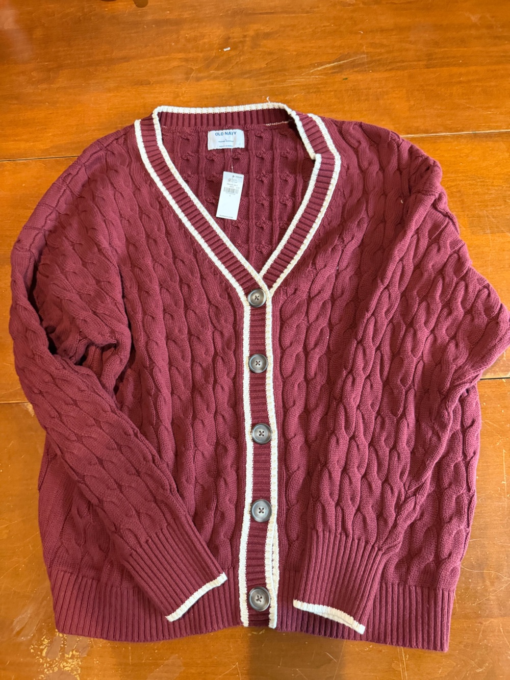 Old Navy Burgundy Cable Knit Cardigan with Cream Trim